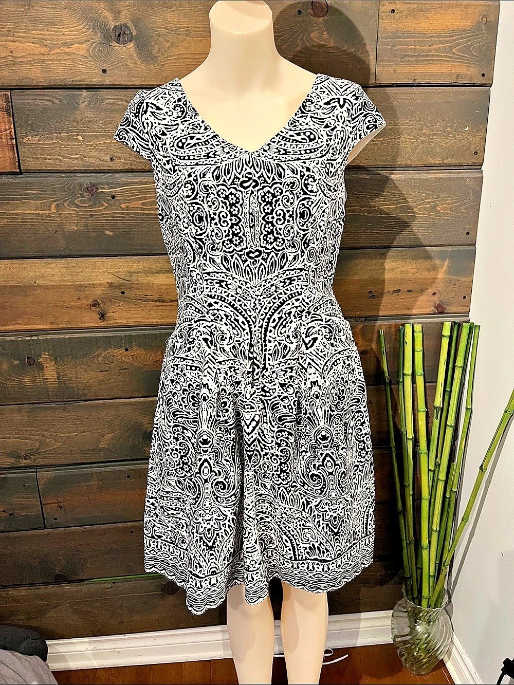 Laura Paisley Fit & Flare Dress in Black & White Size 10 fit more like a 8